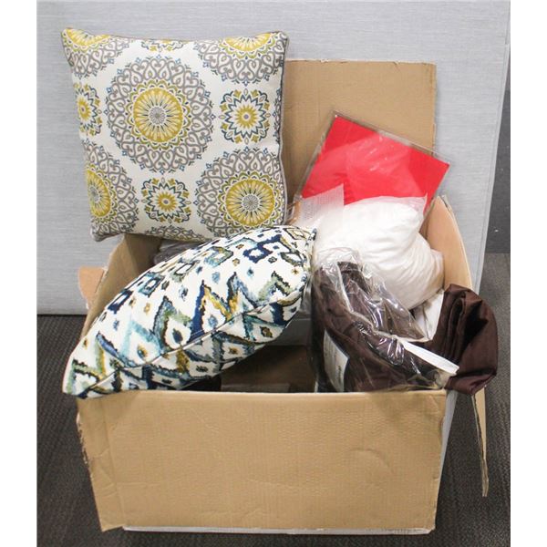 BOX OF ASSORTED FLOOR MODEL BEDDING/ PILLOWS/ ETC