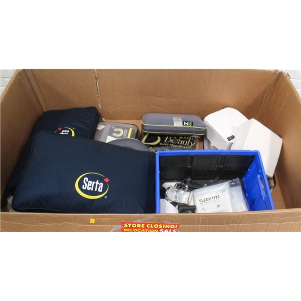 LARGE BOX OF MISC MATTRESS ACCESSORIES & SALESMAN
