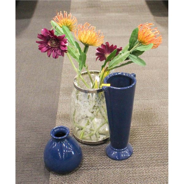 LOT OF 3 SHOWROOM DECORATIVE VASES; 2 BLUE 1 GLASS