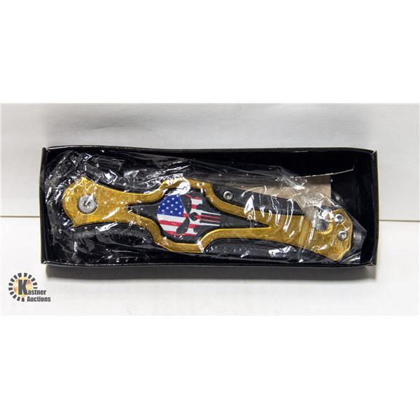 8" PUNISHER GOLDTONED FOLDING KNIFE