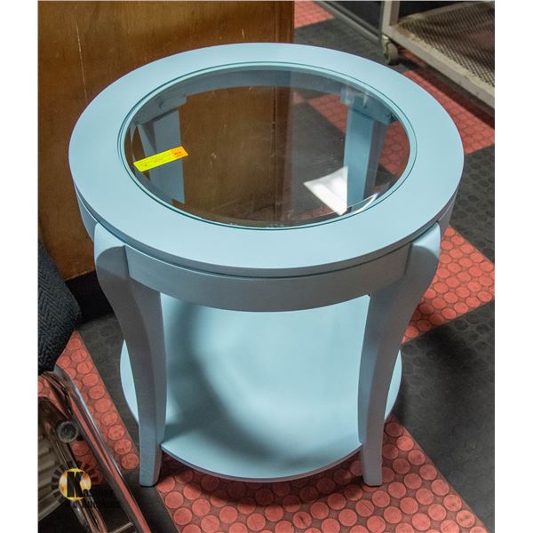 MODERN SIDE TABLE W/GLASS TOP 25 TALL 23" ACROSS
