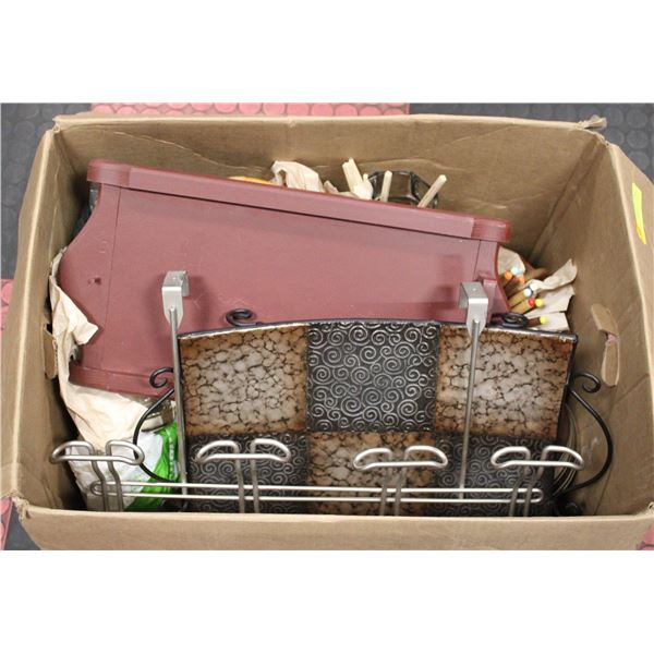 BOX WITH HOUSEHOLD ITEMS FONDUE POT