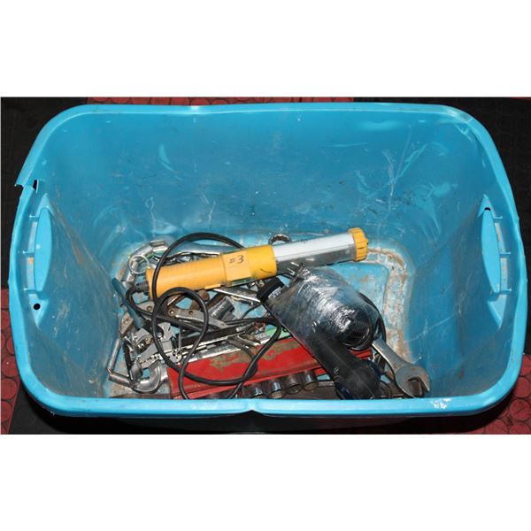 TOTE OF SHOP TOOLS INCL SOCKETS, WRENCHES AND MORE