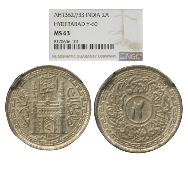 Indian Princely States, Hyderabad State, Mir Usman Ali Khan (AH 1329-1367, 1911-1948 AD), Silver 2 A