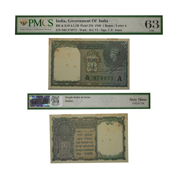 British India, 1 Rupee, 1940, N83 574973, Letter A, Signed by C.K. Jones