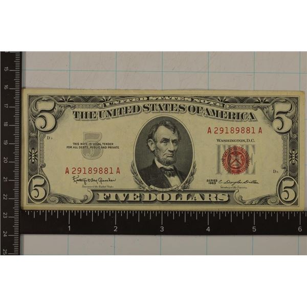 1963 US $5 RED SEAL BILL CRISP AU