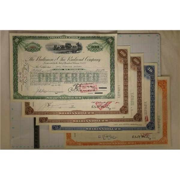 5 VINTAGE STOCK CERTIFICATES BALTIMORE AND OHIO
