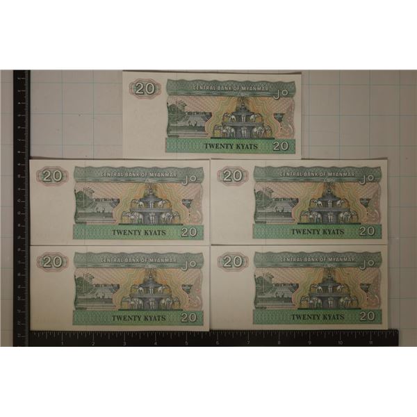 5-1994 MYANMAR 20 KYAT CRISP UNC BILLS &