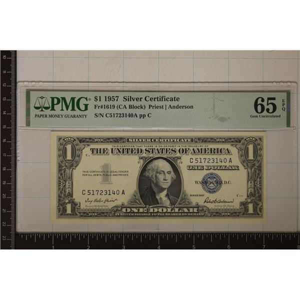 1957 US $1 SILVER CERTIFICATE PMG GEM UNC 65