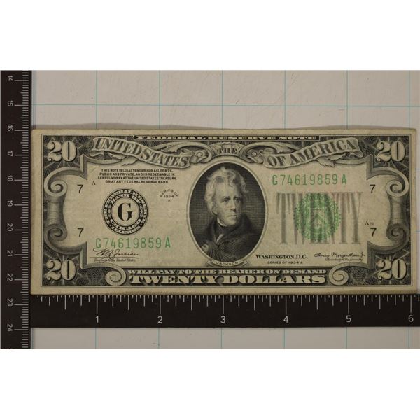1934-A US $20 FEDERAL RESERVE NOTE GREEN SEAL