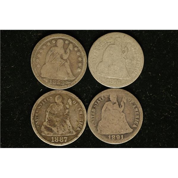 4 SILVER SEATED LIBERTY DIMES: 1853, 1876, 1887 &