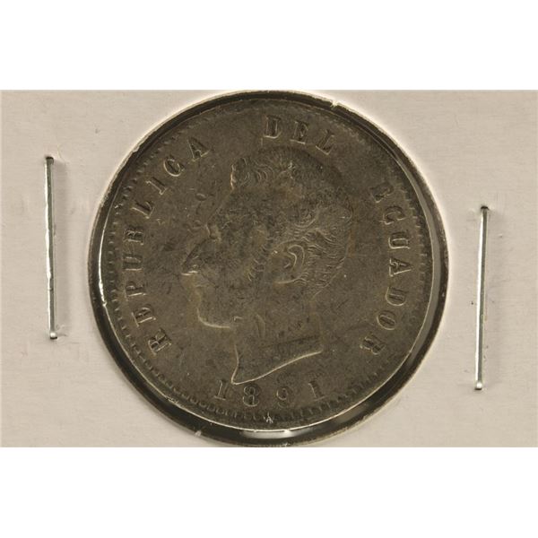 1891 REPUBLIC DE ECUADOR SILVER 5 SUCRES