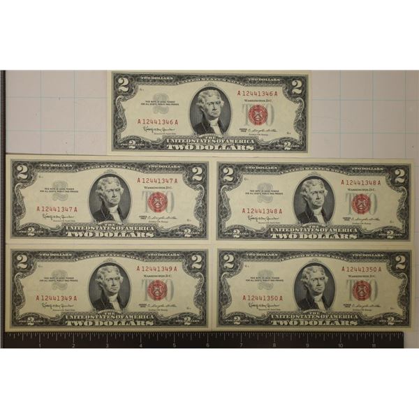 5-CU 1963 US $2 BILLS WITH CONSECUTIVE SERIAL #'S