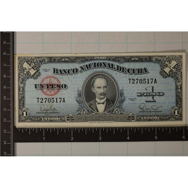 1960 CRISP UNC CUBA 1 PESO BILL "JOSE MARTI"