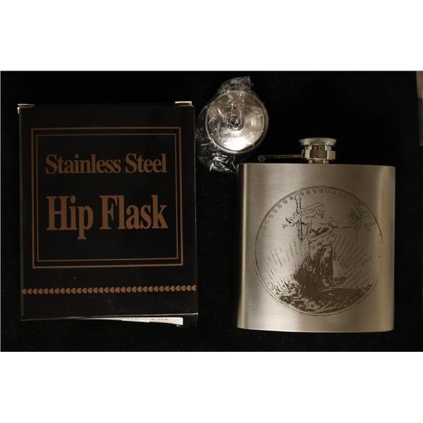6 OZ. STAINLESS STEEL HIP FLASK WITH ENGRAVING OF