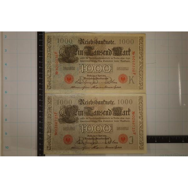 2-1910 GERMAN 1000 MARK BILLS. 1-CRISP UNC