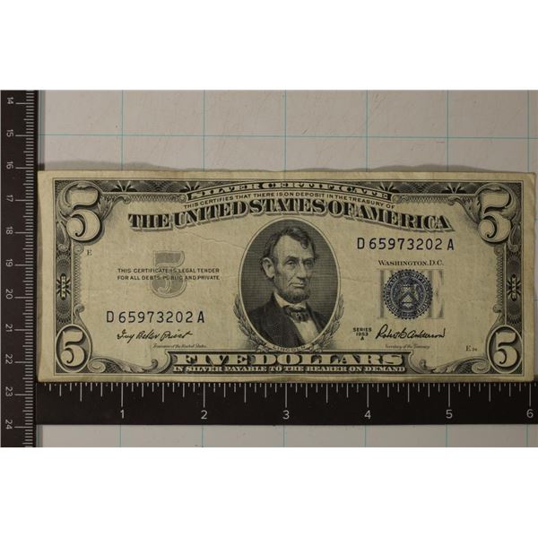 1953-A US $5 SILVER CERTIFICATE BLUE SEAL
