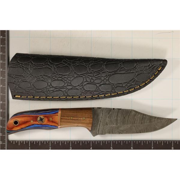 8" FIXED BLADE DAMASCUS STEEL KNIFE WITH LEATHER