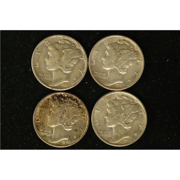 4-SILVER MERCURY DIMES: 1939, 1941, 1943-D & 1945