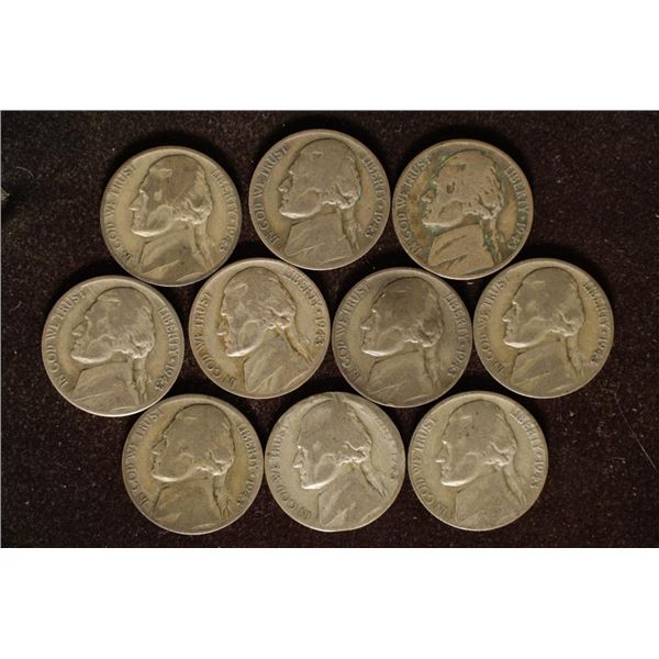 TEN 35% SILVER JEFFERSON WAR NICKELS: P & D