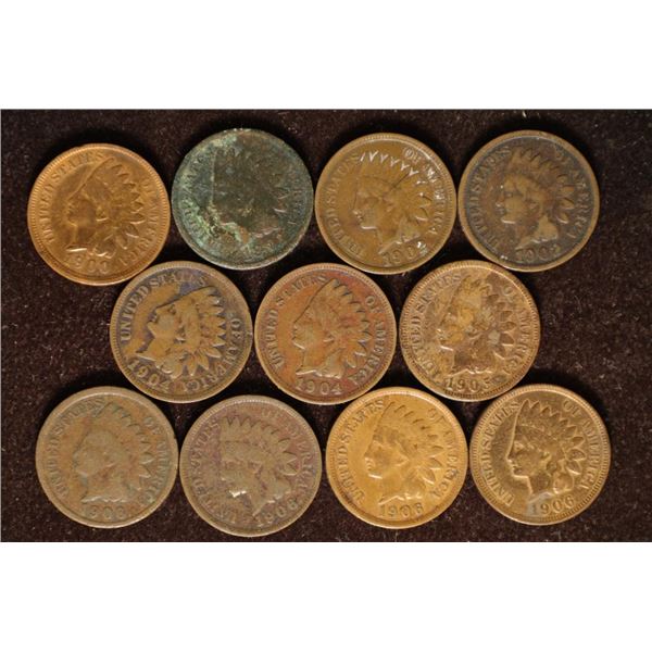 11 ASSORTED INDIAN HEAD CENTS: 1900-1906