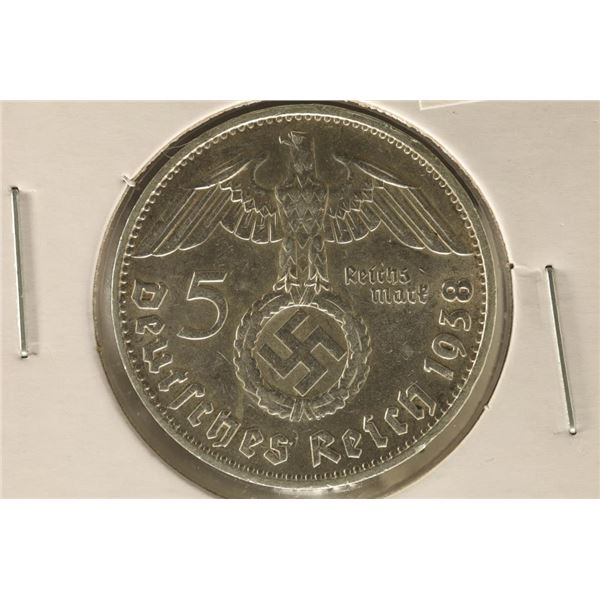 1938-D GERMAN SILVER 5 MARK WITH SWASTIKA