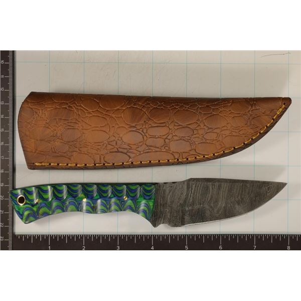 8" DAMASCUS STEEL FIXED BLADE KNIFE WITH LEATHER
