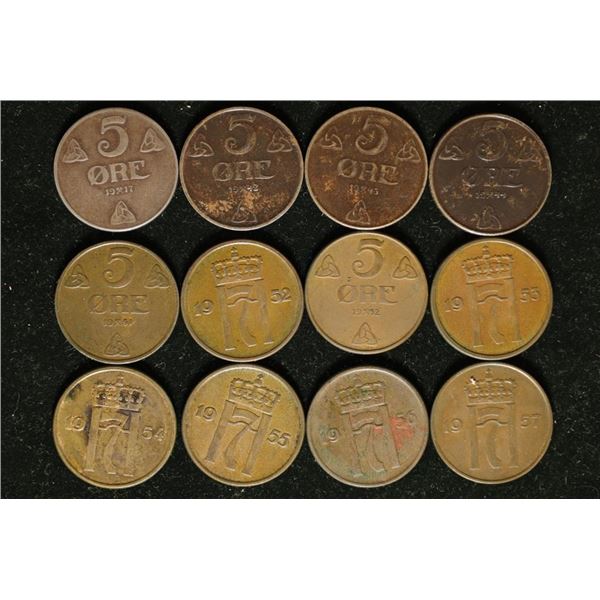 12 NORWAY 5 ORE COINS: 1917-1957