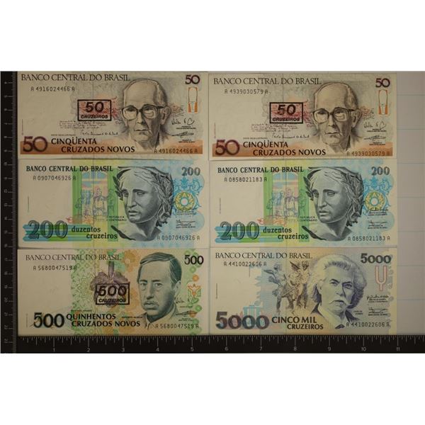 6 BRAZIL BILLS: 2-1990 50 CRUZEIROS, 2-1990-