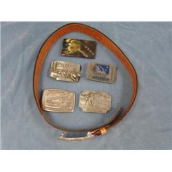Collection of Buckles and a Belt size 34. 1985 Iditarod Buckle, 1984 Solid Pewter Belt Buckle, 1984 