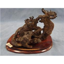 Mammoth bone carving group of two fighting bull moose and two wolves attacking Stock # MOO2 (2)