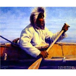 CHOICE ON 7: "Kayak Man" 823 of 950.  Print Size 24 1/2in X 30 1/2in  By. Fred Machetanz   (700)