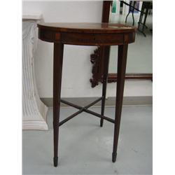 Oval work box inlaid table c 1920 with top that opens (269)