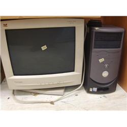 Lot of boxes and Dell Dimension 4600 computer with view sonic monitor, books, brother fax machine, k