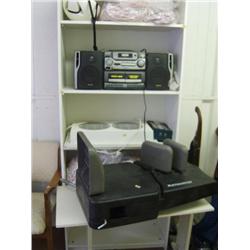Lot of 1 white bookcase, portable white desk, Aiwa Boom box with CD/Cassette player, and sheets  (26