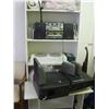 Image 1 : Lot of 1 white bookcase, portable white desk, Aiwa Boom box with CD/Cassette player, and sheets  (26