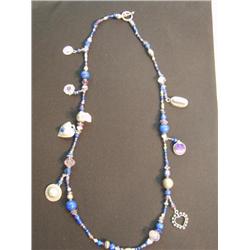 Necklace, lapis amethyst fresh water pearls and silver accents, charms are lapis, amethyst, sterling