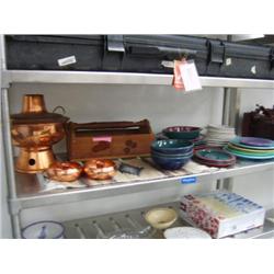 Whole shelf of copper, small blanket and pottery and a antique magazine rack (266)