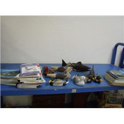 Lot of new postcards, wooden fish, and ducks (242)