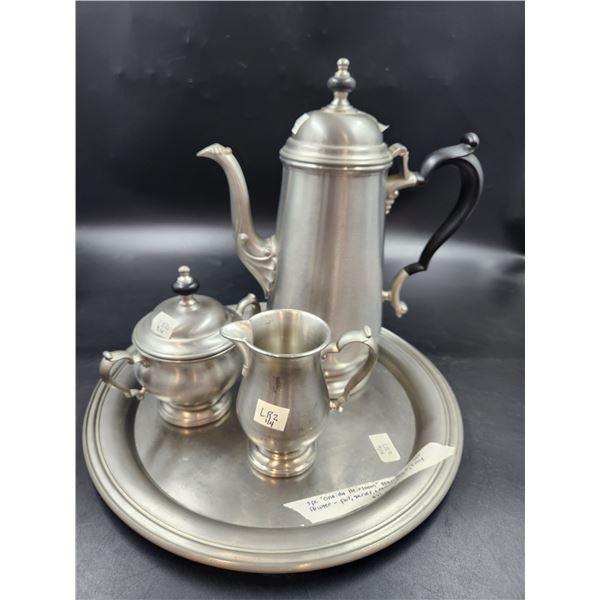 Pewter Tea Set w/ Pot, Sugar, Creamer & Plate