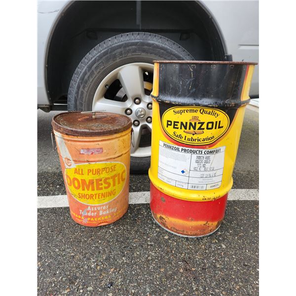 Vintage Pennzoil Motor Oil & All Purpose Domestic Shortening Pail Cans