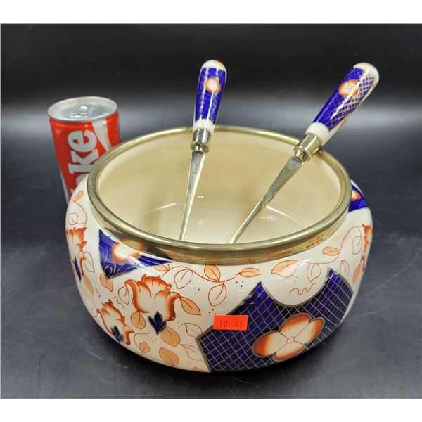 HRS & Co. English Fine China Salad Bowl and Utensils