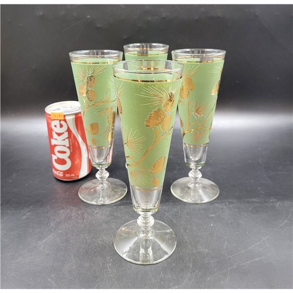 Frosted Green & Gold Flute Glasses