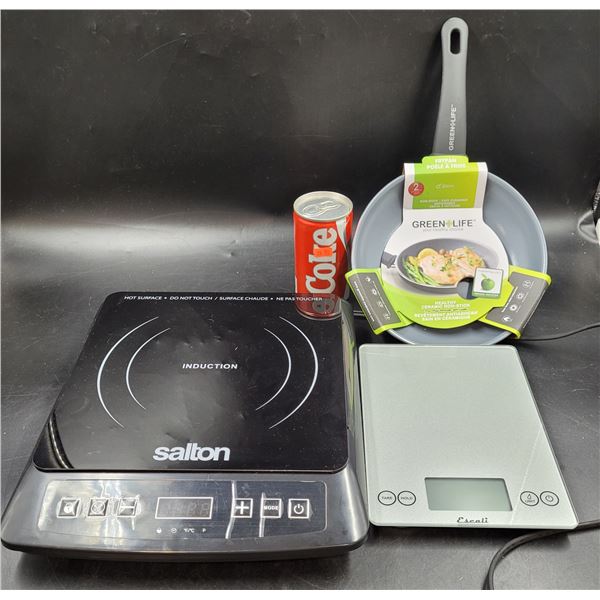 Salton Single Burner, Escali Kitchen Scale, and Green Life Pan