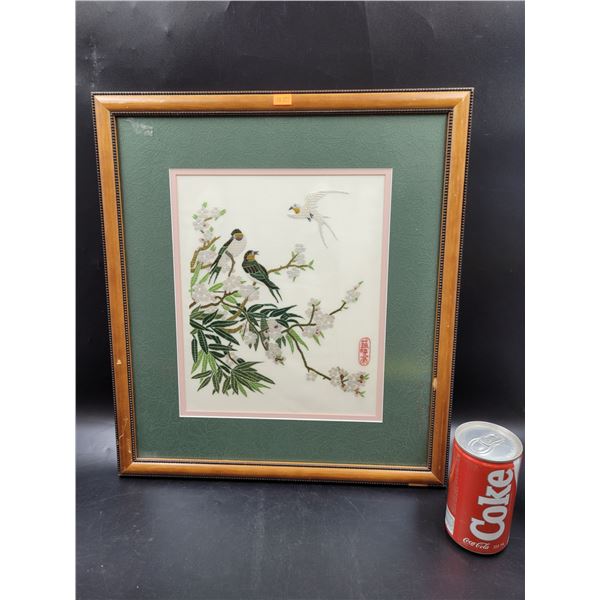 Framed Japanese Flower & Bird Needle Point Wall Art