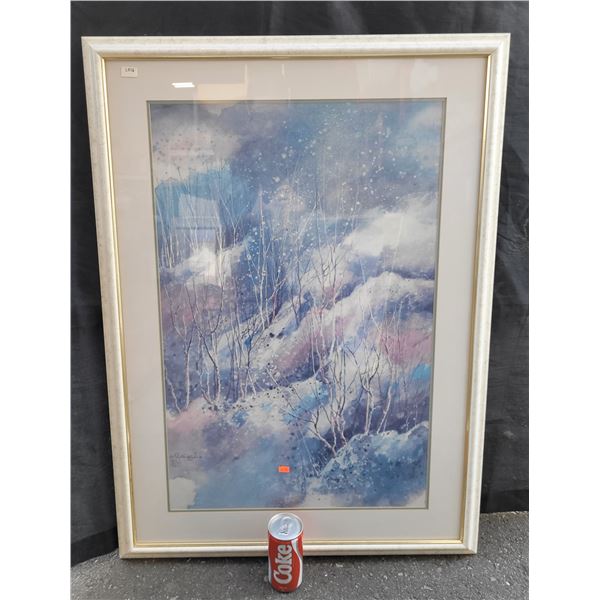 Signed G Kalkinec Jim '87 Red Oriental Mark Mountain Snow Scene Framed & Matted 29"x28.5"