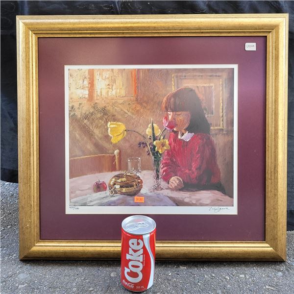L.D Siquera "A Small Girl Smelling The Roses" Signed Print 425/750 Wood Frame & Matted 22.75"x20.75"