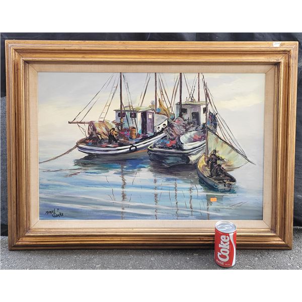 Muriel P. Clarke "Work Boats" Signed Oil Painting Wood Framed & Matted 28"x37.5"