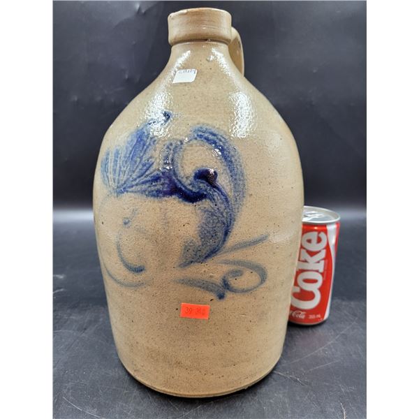 Antique 2 Gallon Merchant Crock Stoneware Jug Cobalt Blue Flower Design