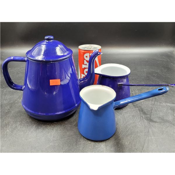 Blue Enamel Kettle & Creamers